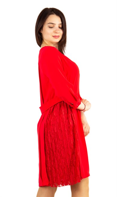 Short Sleeve Big Size Plain Dress With Tulle On The Chest - Red