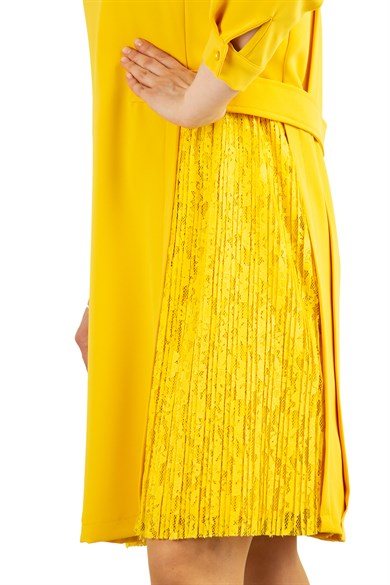 Short Sleeve Big Size Plain Dress With Tulle On The Chest - Yellow
