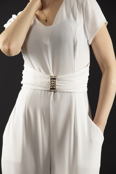 Short Sleeve V-Neck Overlap Brooch Detail Jumpsuit - White