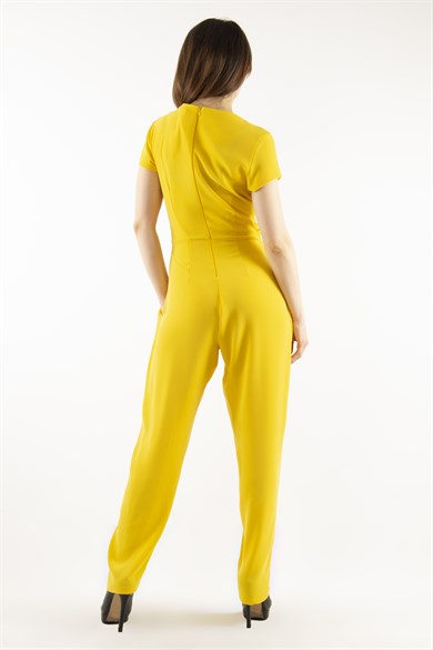 Short Sleeve V-Neck Overlap Brooch Detail Jumpsuit - Yellow