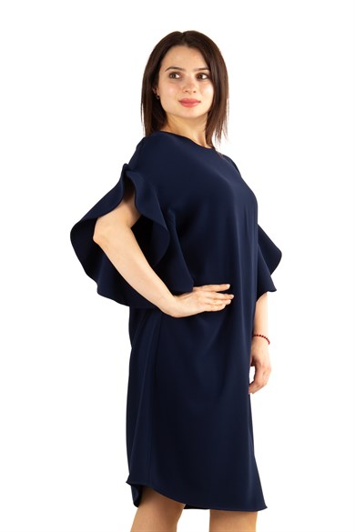 Short Wavy Sleeves Plain Big Size Dress - Navy Blue