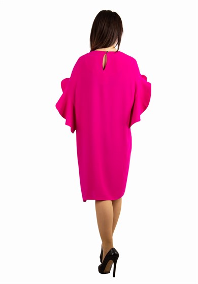Short Wavy Sleeves Plain Big Size Dress - Fuchsia