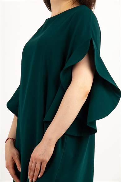 Short Wavy Sleeves Plain Big Size Dress - Emerald Green