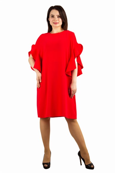 Short Wavy Sleeves Plain Big Size Dress - Red
