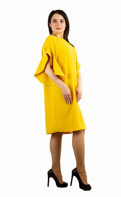 Short Wavy Sleeves Plain Big Size Dress - Yellow