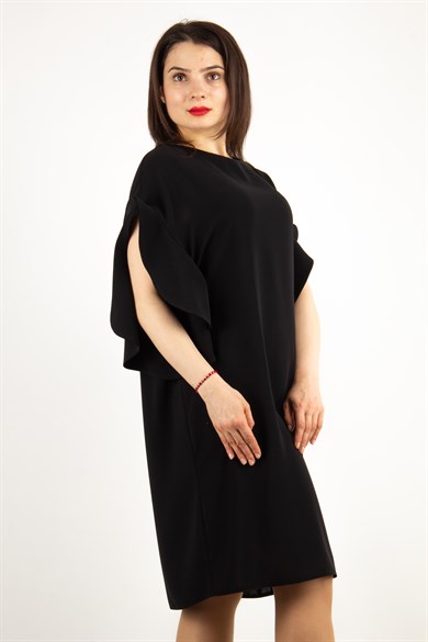 Short Wavy Sleeves Plain Big Size Dress - Black