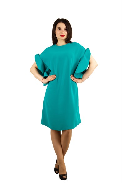 Short Wavy Sleeves Plain Big Size Dress - Benetton Green