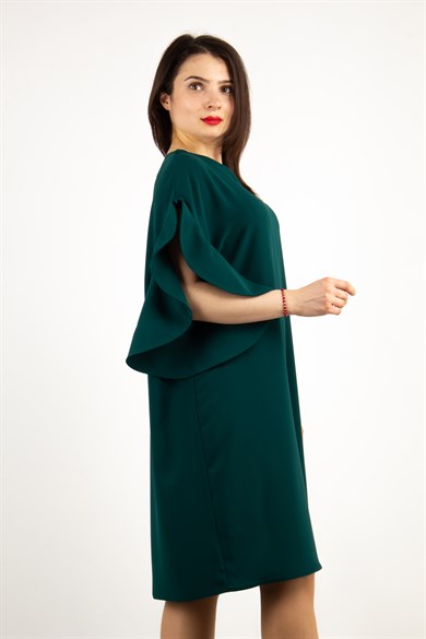 Short Wavy Sleeves Plain Big Size Dress - Emerald Green