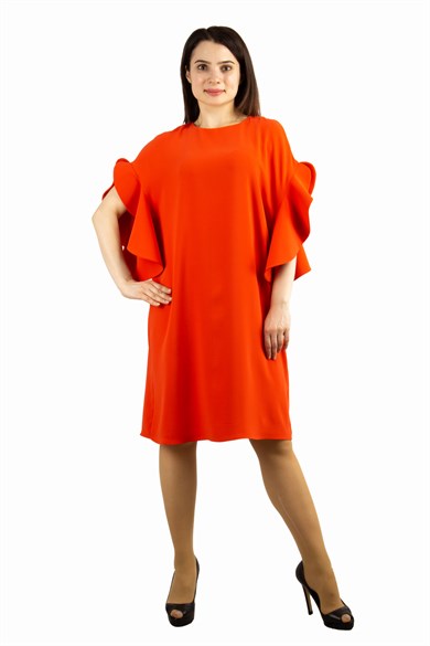 Short Wavy Sleeves Plain Big Size Dress - Orange