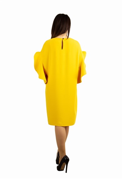Short Wavy Sleeves Plain Big Size Dress - Yellow