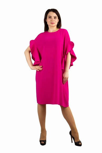 Short Wavy Sleeves Plain Dress - Fuchsia