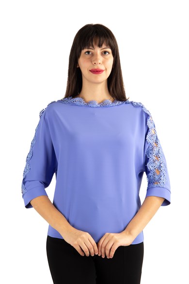 Shoulder and Sleeves Lace Detail Top - Indigo