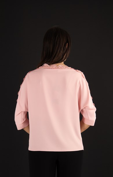 Shoulder and Sleeves Lace Detail Top - Powder