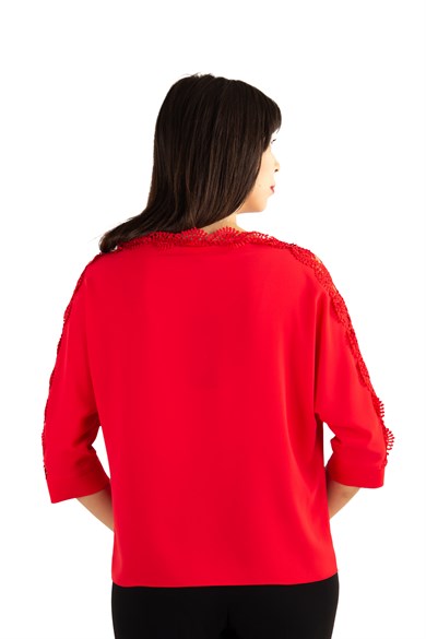 Shoulder and Sleeves Lace Detail Top - Red