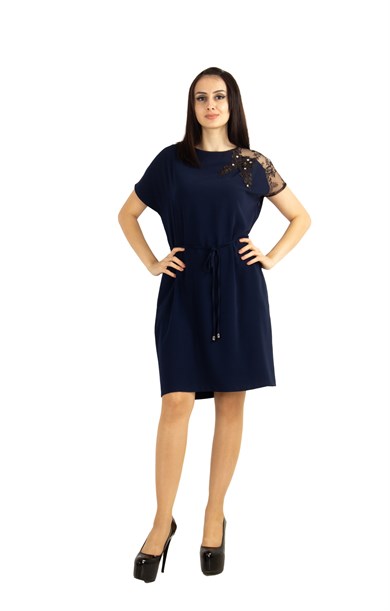 Shoulder Lace Rib Tie Plain Big Size Dress - Navy Blue