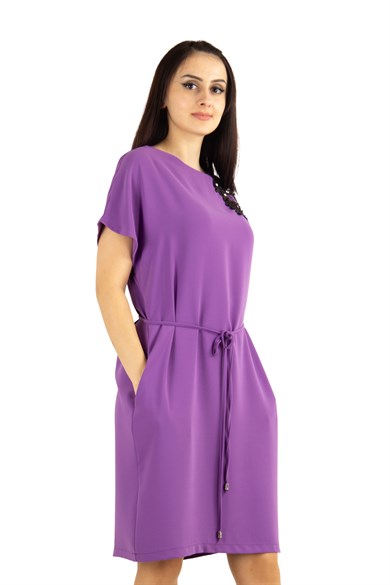 Shoulder Lace Rib Tie Plain Big Size Dress - Purple