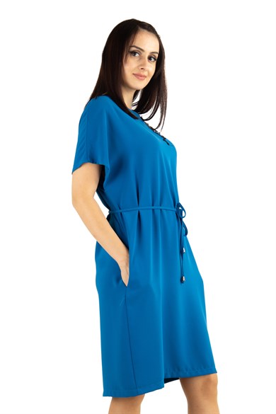Shoulder Lace Rib Tie Plain Big Size Dress - Petrol