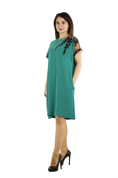 Shoulder Lace Rib Tie Plain Big Size Dress - Benetton Green