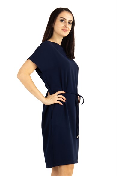 Shoulder Lace Rib Tie Plain Big Size Dress - Navy Blue