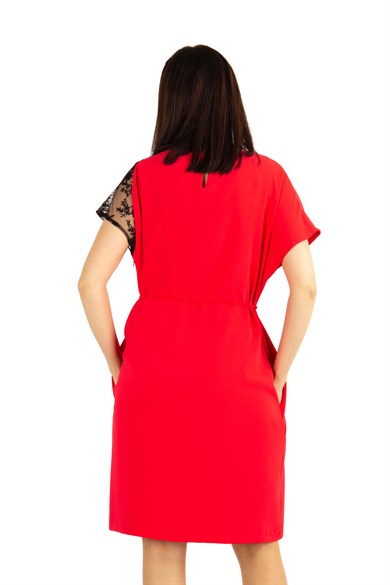 Shoulder Lace Rib Tie Plain Big Size Dress - Orange