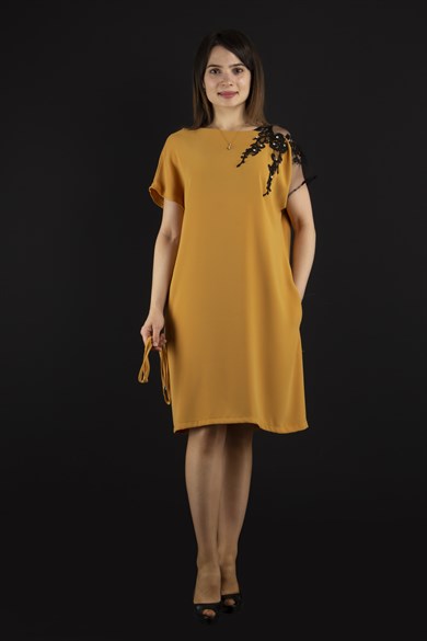 Shoulder Lace Rib Tie Plain Big Size Dress - Mustard