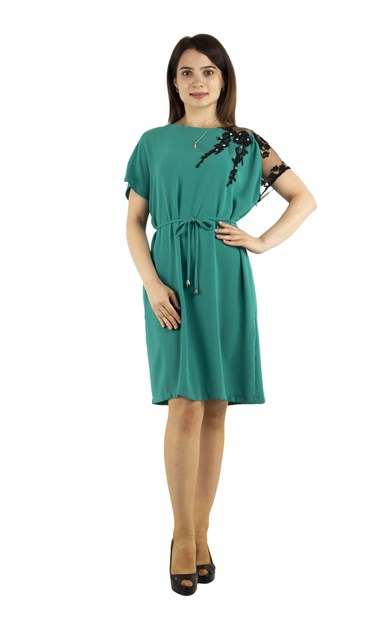 Shoulder Lace Rib Tie Plain Big Size Dress - Benetton Green