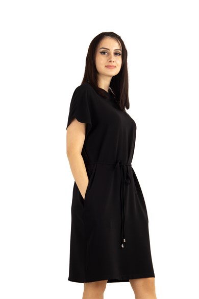 Shoulder Lace Rib Tie Plain Big Size Dress - Black