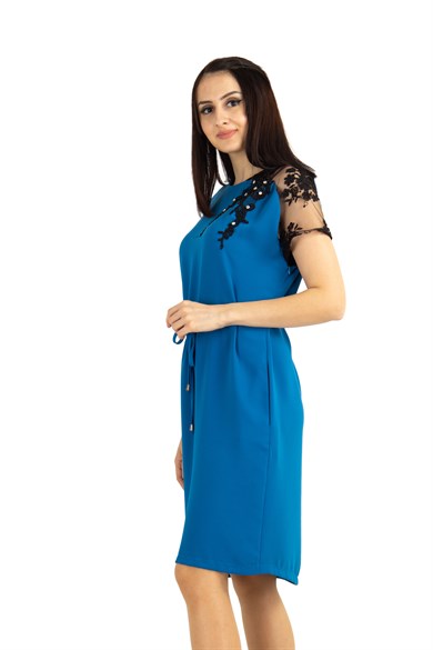 Shoulder Lace Rib Tie Plain Big Size Dress - Petrol