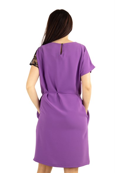Shoulder Lace Rib Tie Plain Big Size Dress - Purple