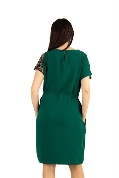 Shoulder Lace Rib Tie Plain Big Size Dress - Emerald Green