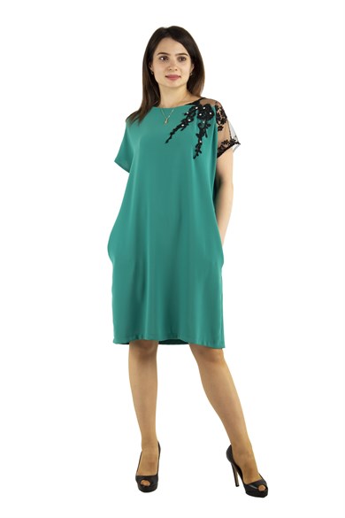 Shoulder Lace Rib Tie Plain Dress - Benetton Green