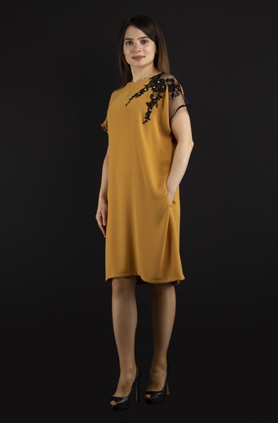 Shoulder Lace Rib Tie Plain Dress - Mustard