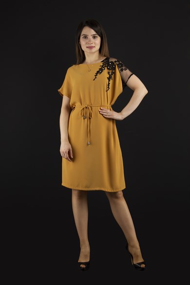 Shoulder Lace Rib Tie Plain Dress - Mustard