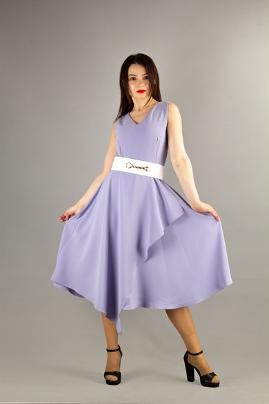 Sleeveless Asymmetric Cut Dress With Wide Belt - Levander