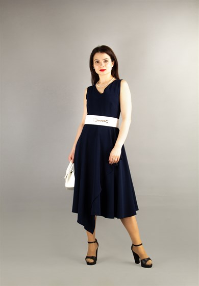 Sleeveless Asymmetric Cut Dress With Wide Belt - Navy Blue