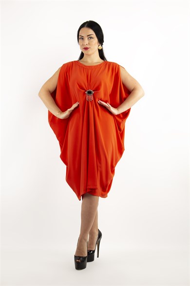 Sleeveless Batwing Draper Dress With Brooch - Orange