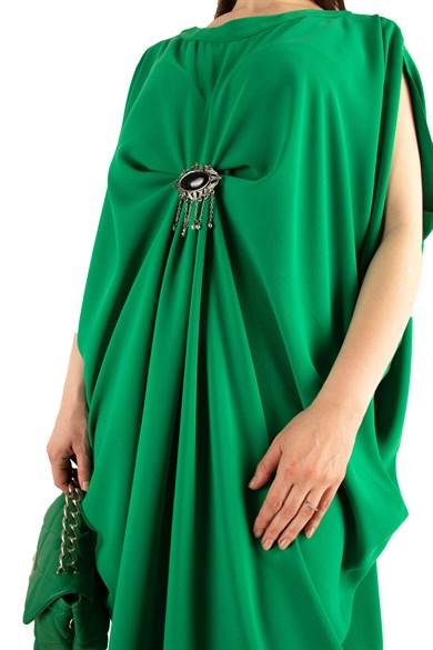 Sleeveless Batwing Draper Dress With Brooch - Grass Green