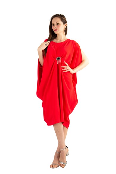 Sleeveless Batwing Draper Dress With Brooch - Red