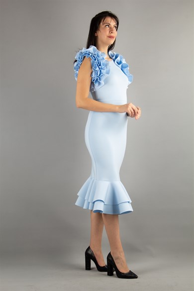 Sleeveless Frilled Scuba Dress - Baby Blue