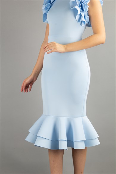 Sleeveless Frilled Scuba Dress - Baby Blue
