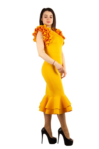 Sleeveless Frilled Scuba Dress - Mustard