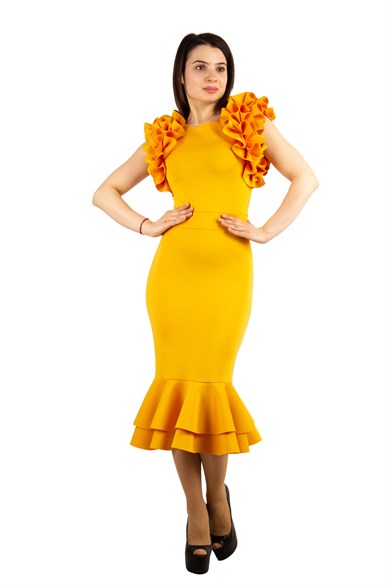 Sleeveless Frilled Scuba Dress - Mustard