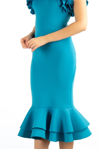 Sleeveless Frilled Scuba Dress - Petrol Blue