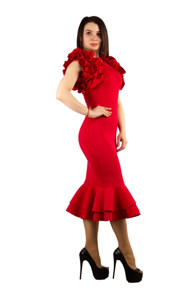 Sleeveless Frilled Scuba Dress - Red