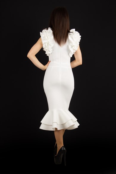 Sleeveless Frilled Scuba Dress - White