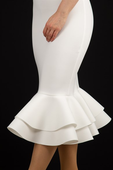 Sleeveless Frilled Scuba Dress - White