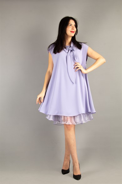 Sleeveless Front Neck Tie Big Size Dress With Tulle Detail - Levander