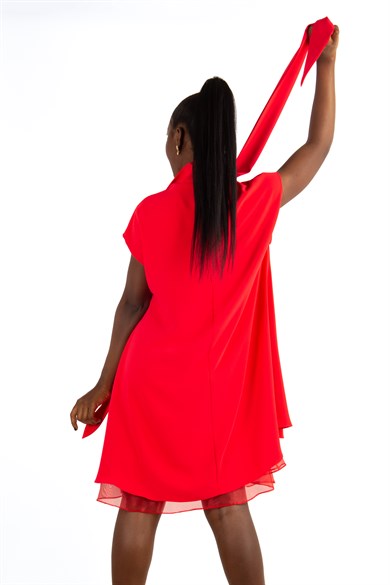 Sleeveless Front Neck Tie Big Size Dress With Tulle Detail - Red