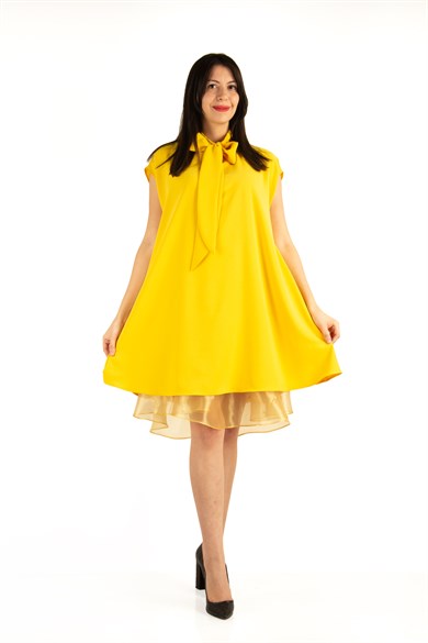 Sleeveless Front Neck Tie Big Size Dress With Tulle Detail - Yellow