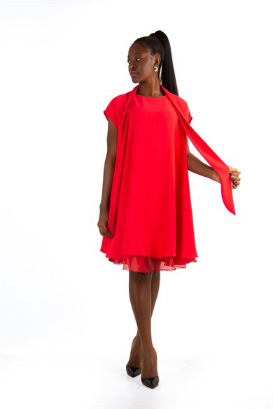 Sleeveless Front Neck Tie Big Size Dress With Tulle Detail - Red